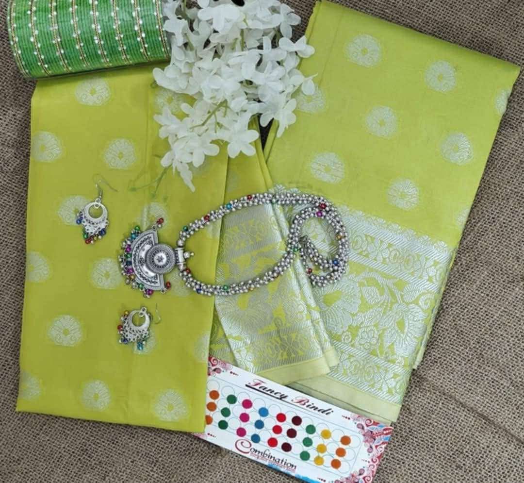 Lemon Green Silver Work Saree Gift Combo with Oxidized Jewelry, Bangles, Gajra & Bindi Box (লেমন গ্রিন শাড়ি, আফগান/ট্রাইবাল গহনা ও এক্সেসরিজ কম্বো)