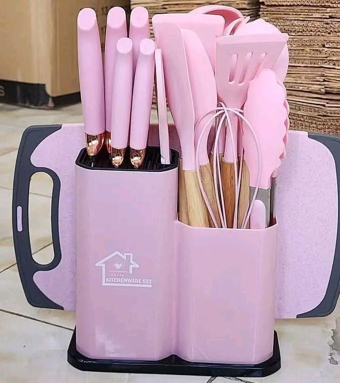 19pcs Premium Silicone Kitchen Utensils Set with Stand & Knife Set – Pink, Green & Black 3