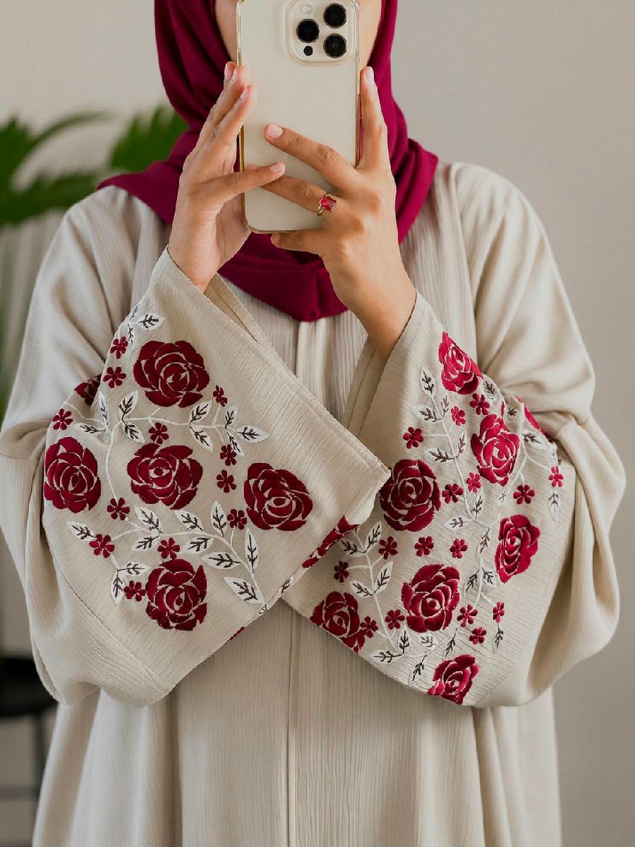Rose Abaya — Premium Zafran Fabric Abaya with Gorgeous Rose Embroidery Work Sleeve 3