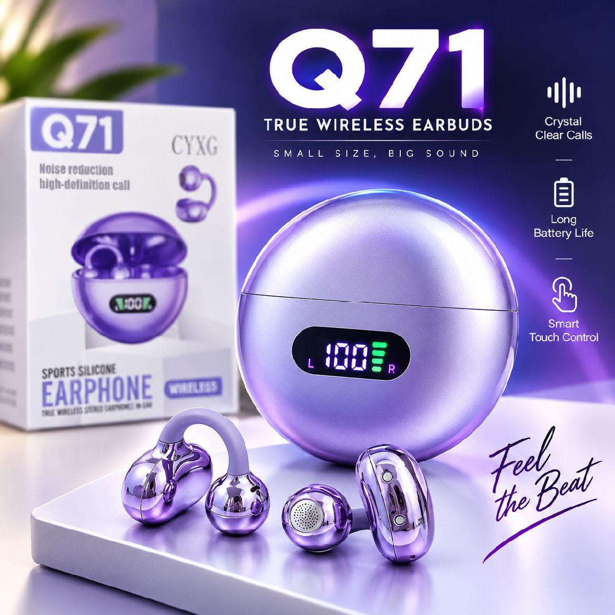 Q71 True Wireless Open-Ear / Ear Clip Earbuds – Digital LED Display, HD Stereo Sound, Noise Reduction Call Feature, 30mAh Earbud & 180mAh Charging Case for Sports & Daily Use