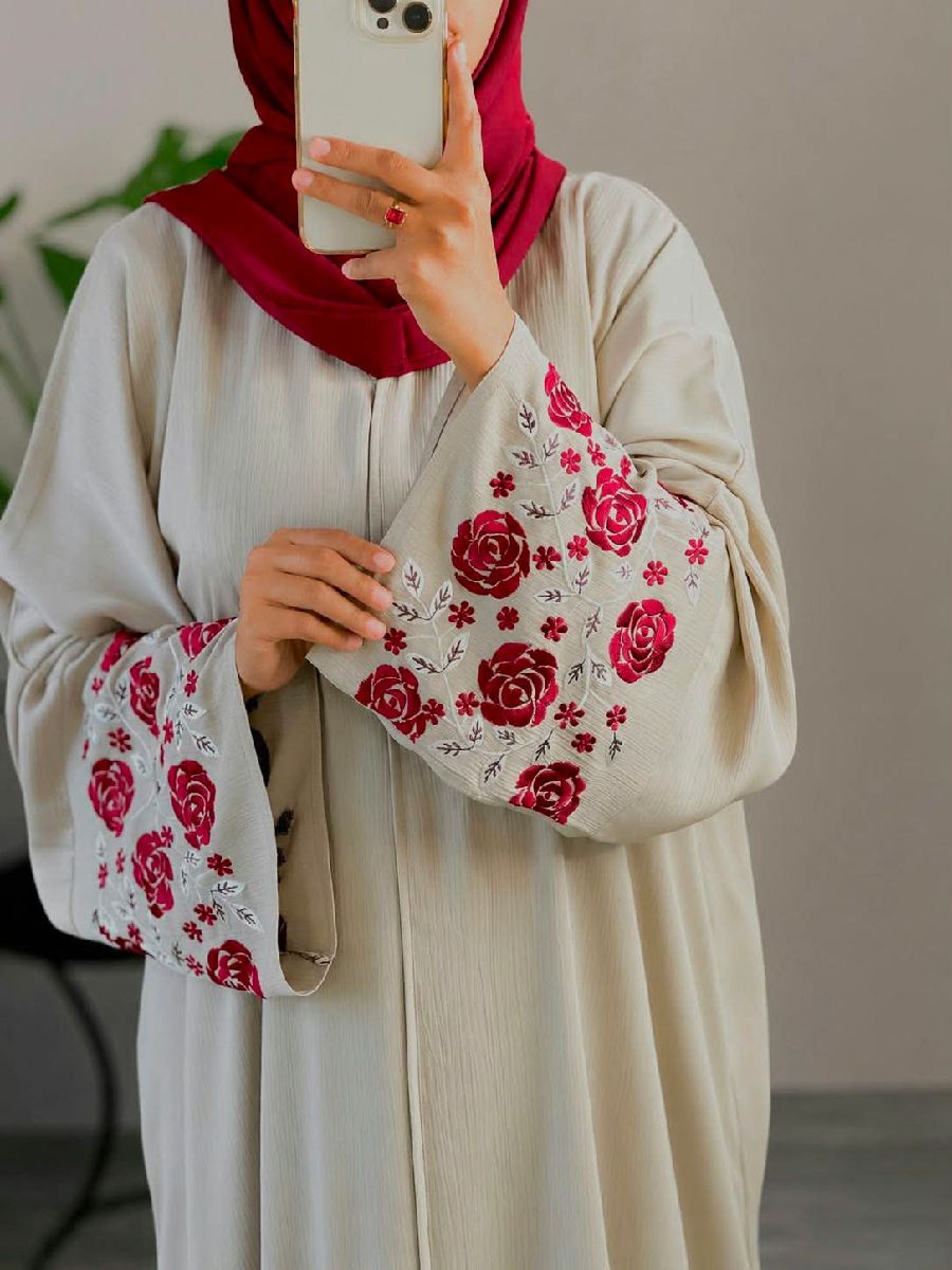 Rose Abaya — Premium Zafran Fabric Abaya with Gorgeous Rose Embroidery Work Sleeve 2