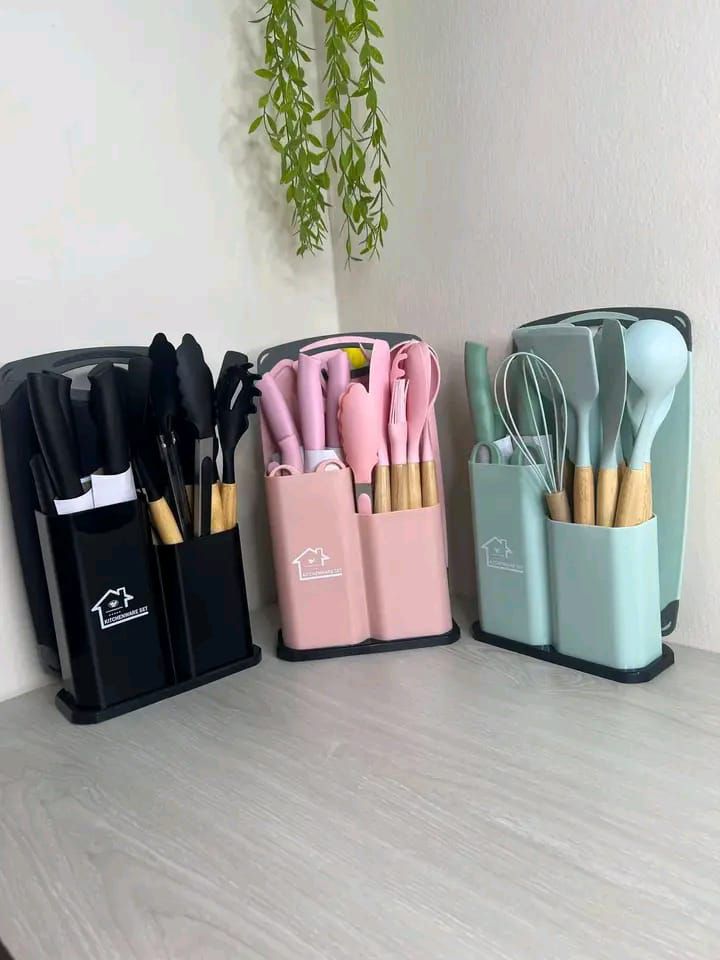 19pcs Premium Silicone Kitchen Utensils Set with Stand & Knife Set – Pink, Green & Black 2