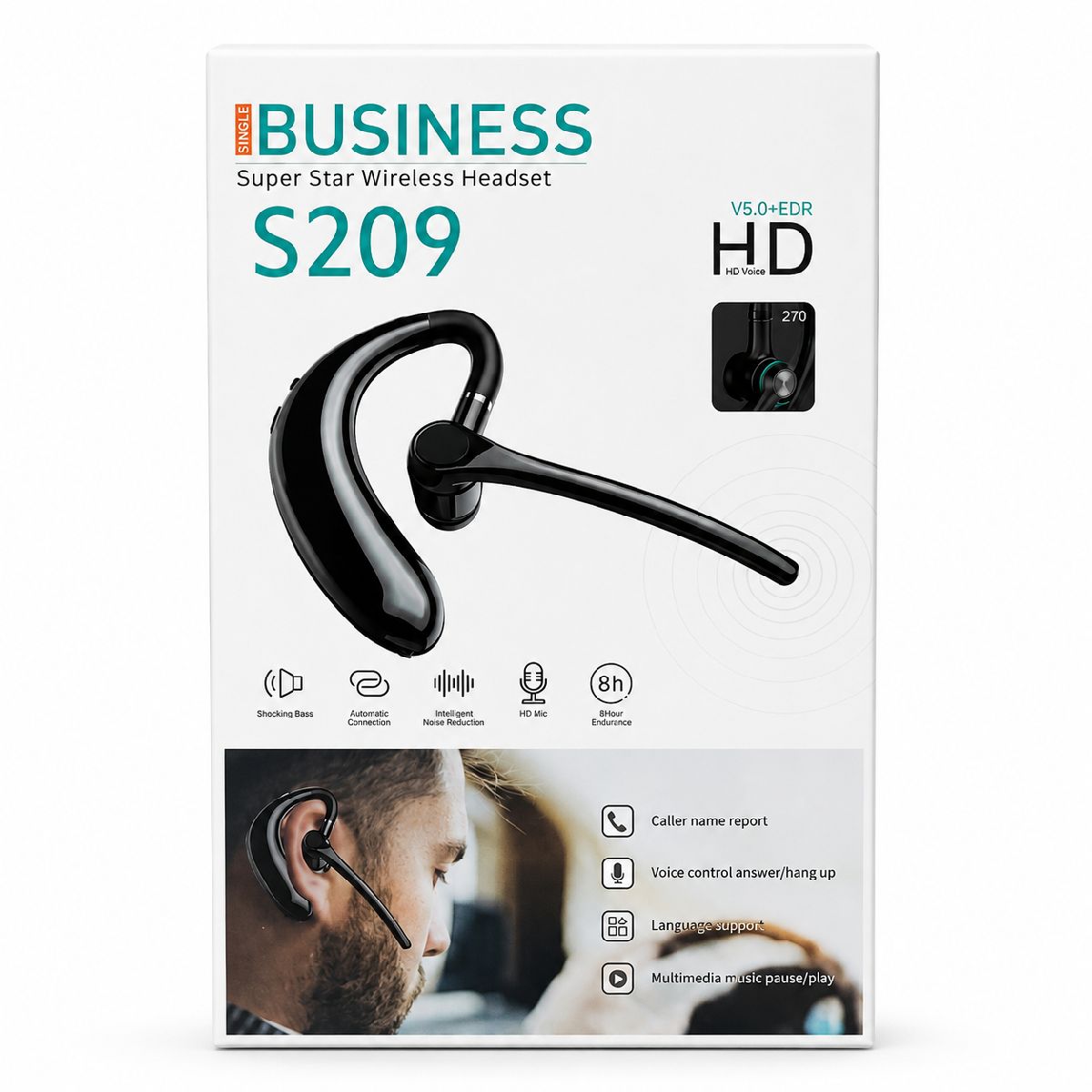 Business Super Star S209 Single Wireless Headset – Bluetooth V5.0 with 270° Rotatable Earhook, HD Mic, Intelligent Noise Reduction & 8H Battery 3