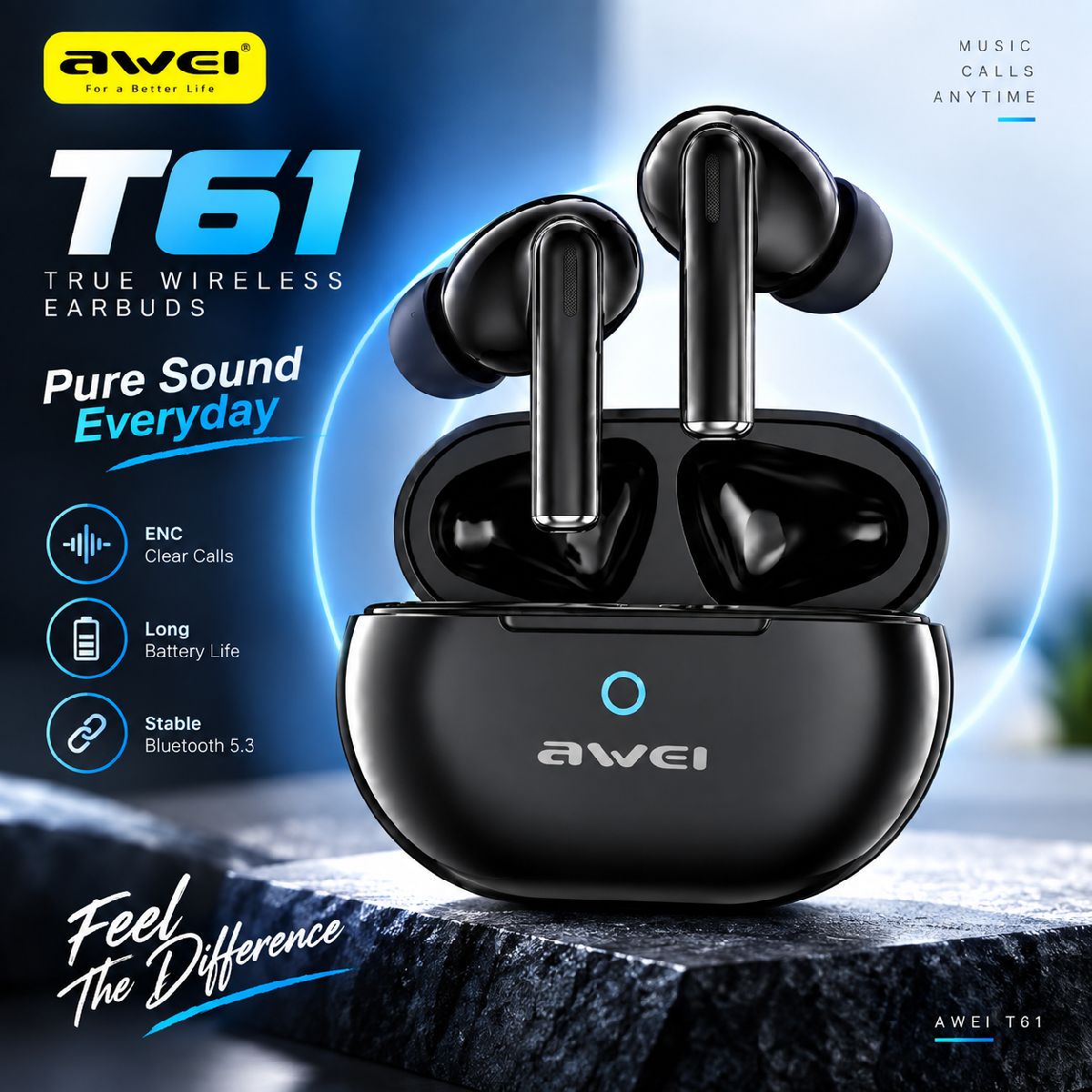 Awei T61 True Wireless Bluetooth 5.3 Earbuds – Dual ENC Mic Noise Cancellation (>35dB), 13mm Drivers, 6H Playtime, Touch Control & Low Latency Stereo Sound