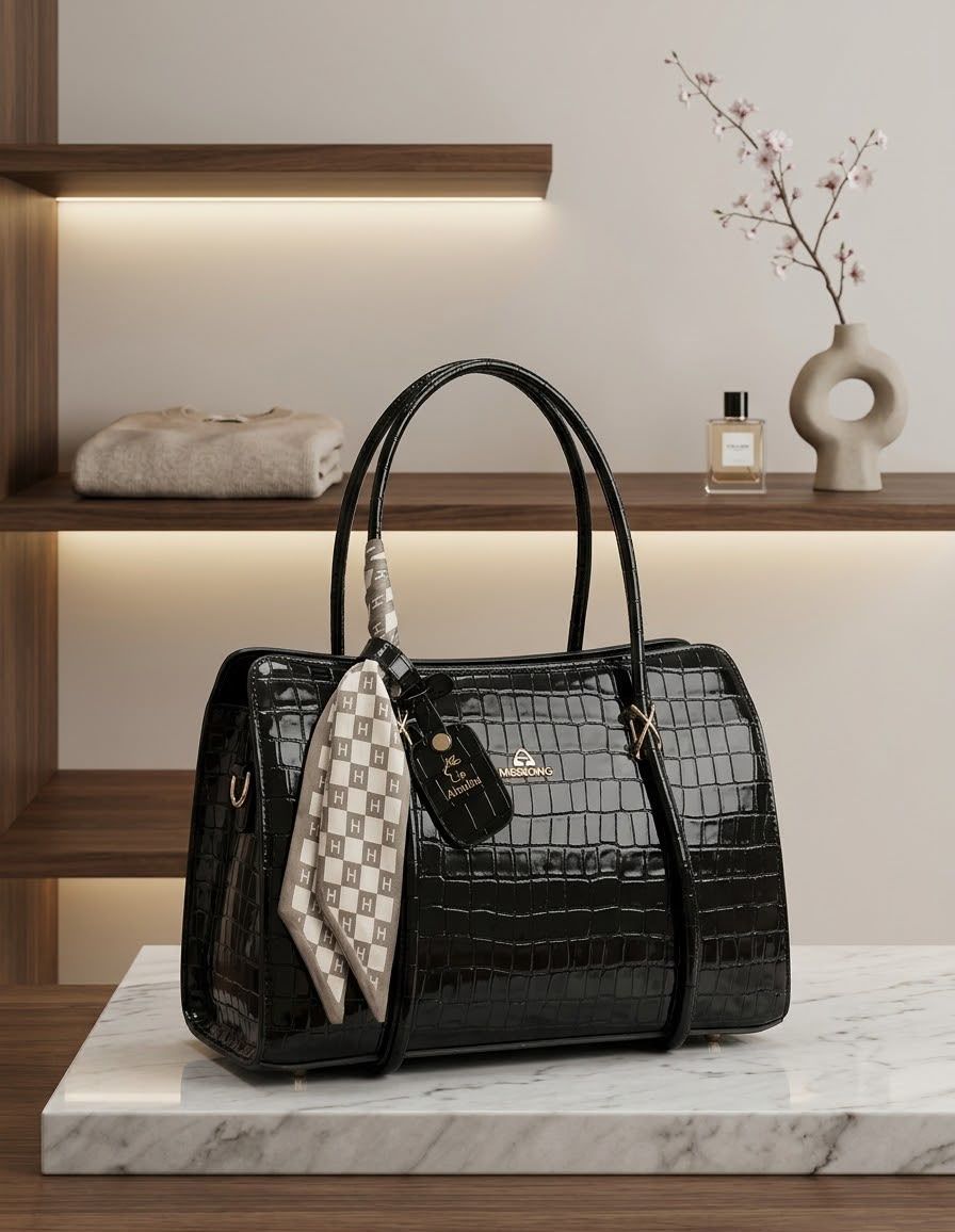 Luxury Black Crocodile Pattern Handbag with Printed Scarf Accent