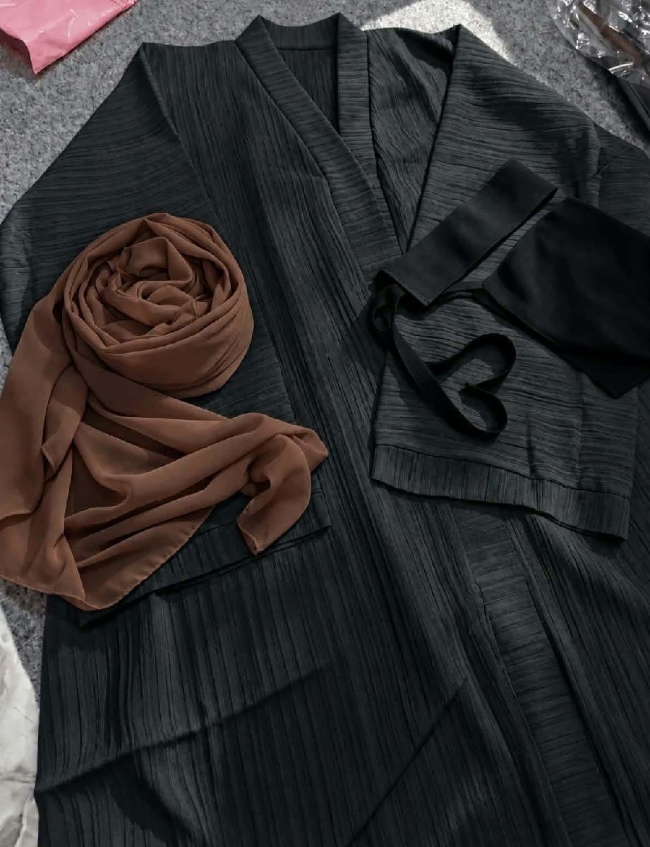 Premium Popcorn Fabric Abaya/Burqa Combo Set with Georgette Hijab & Dubai Cherry Niqab 3