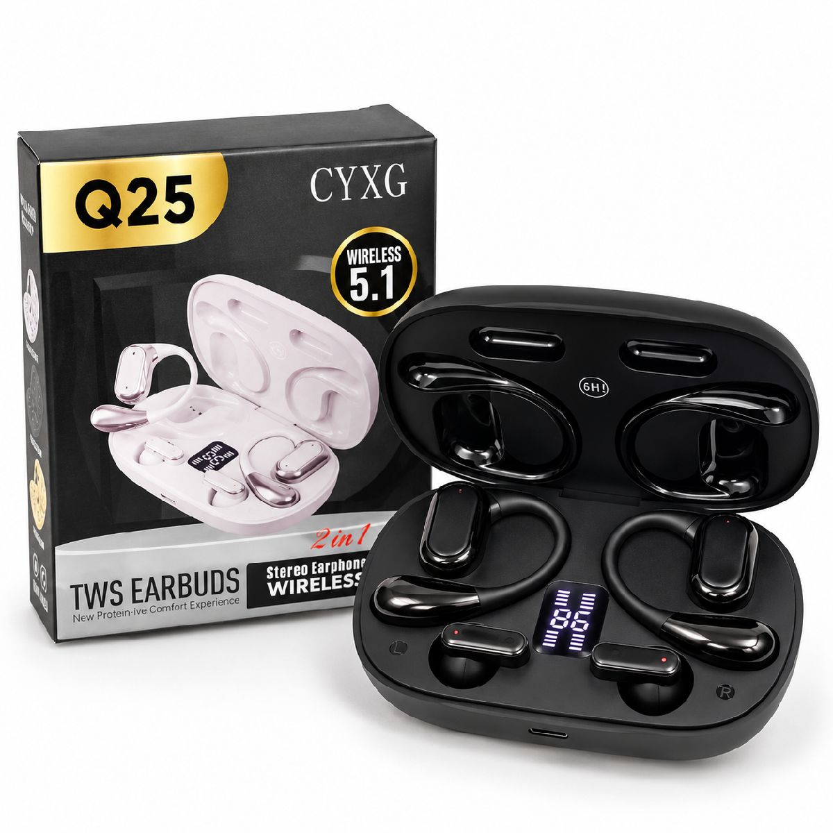 Q25 2-in-1 Couple Soft Ear Hooks TWS Wireless Earbuds – LED Digital Display 2
