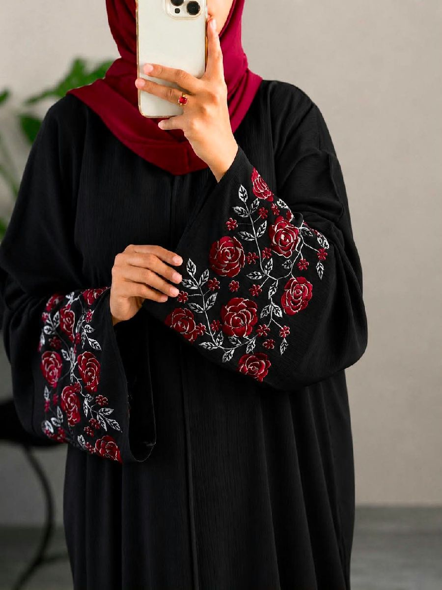 Rose Abaya — Premium Zafran Fabric Abaya with Gorgeous Rose Embroidery Work Sleeve