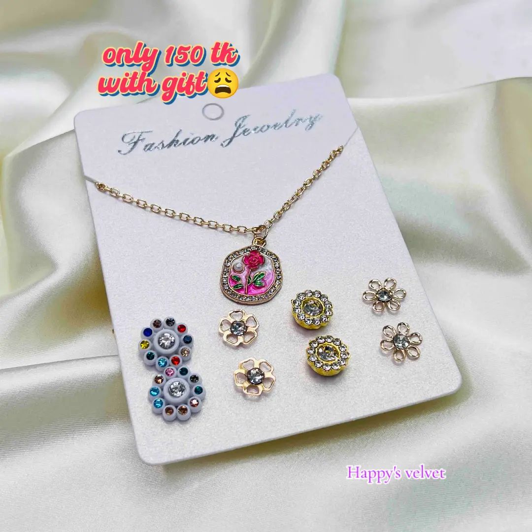 Pink Rose Pendant Necklace & 4 Pairs Stud Earrings Combo Set 2